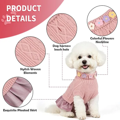 Vista 3 de WOYYHO Vestido de suéter para perro pequeño con corbatín, ropa de perro de Rosa polvoriento