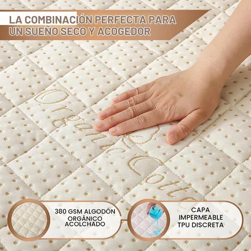 Vista 3 de Protector de colchón acolchado de algodón orgánico de lujo, tamaño individual, almohadilla impermeable y transpirable de 380 GSM, funda ajustable