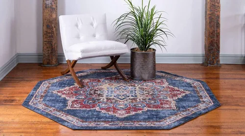 Vista 3 de Unique Loom Utopia Collection - Alfombra tradicional clásica vintage inspirada con tonos cálidos (7 pies x 7 pies, octágono, azul marino/borgoña)