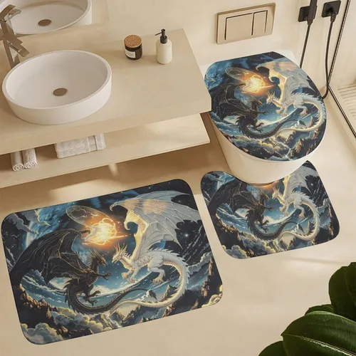 Vista 6 de Juego de 4 cortinas de ducha con diseño de dragón y luna de fantasía, juego de decoración de baño con alfombras, tapete de baño, cortina de ducha