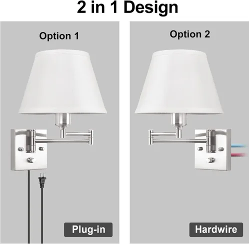 Vista 8 de TRLIFE Aplique de pared enchufable, juego de 2 lámparas de pared regulables con brazo oscilante de níquel cepillado, cable de enchufe y interruptor