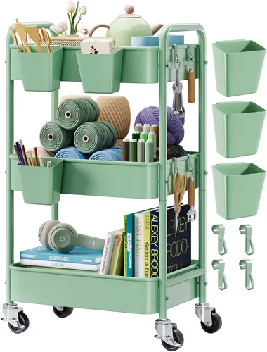Vista 16 de Carrito pequeño de 2 niveles beige con ruedas, carrito de pañales para artículos esenciales para el cuarto de bebé, carrito de metal para debajo