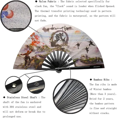 Vista 2 de Ventilador de estilo chino de tela de nailon y bambú plegable ventilador de mano Tai Chi con bolsa premium (kung fu)