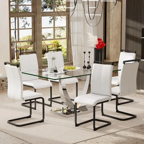 Vista 13 de Juego de mesa de comedor de lujo moderno de 63 pulgadas para 4 tapas rectangulares de vidrio templado con base en U cromada y sillas de comedor Negro