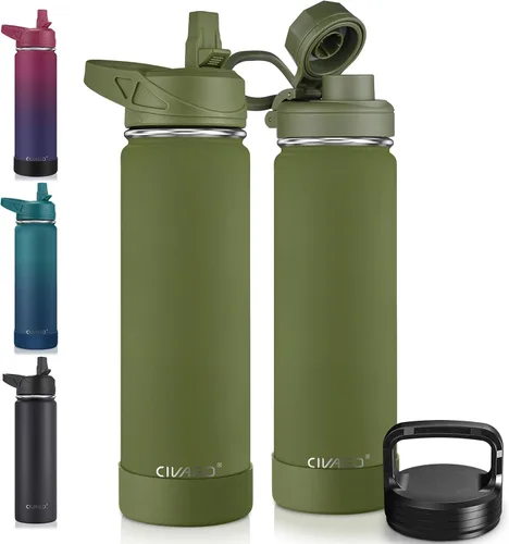 Vista 60 de CIVAGO Botella de agua aislada de 22 onzas con pajita, frasco de agua deportiva de acero inoxidable con 3 tapas
