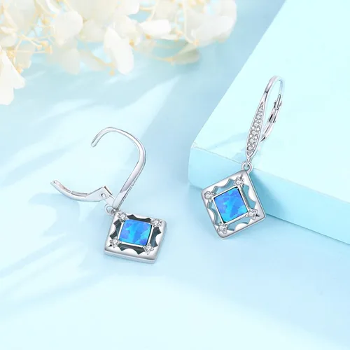 Vista 3 de Aretes colgantes de plata de ley, turquesa, ópalo, piedra lunar, aretes colgantes para mujeres y niñas, hipoalergénicos, aretes colgantes