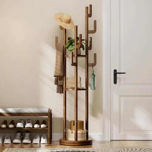 Vista 11 de Yoobure Perchero Giratorio Independiente – Árbol de Abrigos de Madera Maciza con 9 Ganchos y 3 Estantes de Almacenamiento para Cartera, Bolsa
