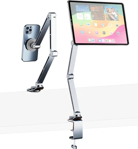 Vista 8 de Soporte para iPad para escritorio de aleación de aluminio, soporte plegable para tableta, soporte para brazo superior, compatible con teléfono