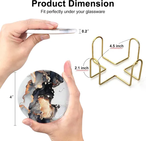 Vista 4 de Juego de 6 posavasos de cerámica abstractos de mármol negro con soporte para escritorio, salón, mesa de café, vino, bebidas, bar