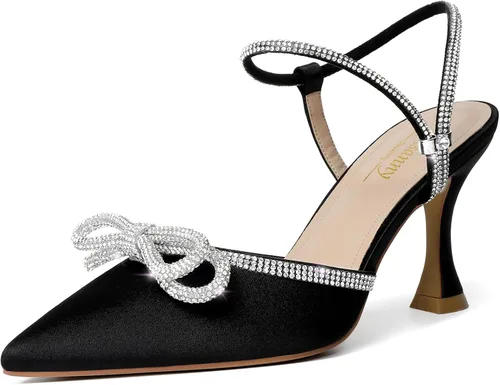Vista 38 de Susanny - Zapatos de tacón bajo con strass para mujer, con punta puntiaguda, de tacón kitten, con cierre, ajustables, con correa, para vestido