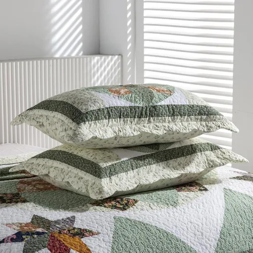 Vista 6 de YAYIDAY Edredón tamaño Queen, juego de colcha acolchada de retazos - 100% algodón reversible transpirable, estampado geométrico verde tierra