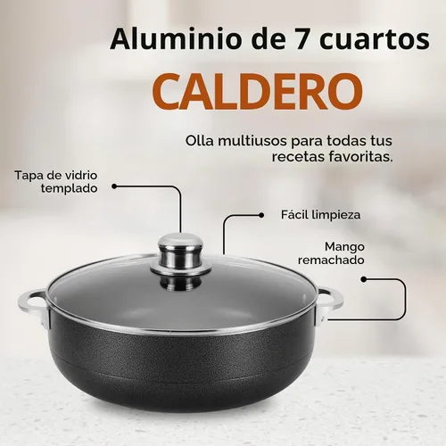 Vista 5 de Alpine Cuisine Olla de aluminio antiadherente de 7 cuartos de galón con tapa de vidrio y mango remachado, utensilios de cocina resistentes