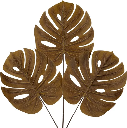Vista 13 de DILATATA Hojas Artificiales de Monstera con Tallos de 28", Hojas Tropicales de Imitación Otoñales Falsas de Seda Naranja Monstera, Ramas de Palma