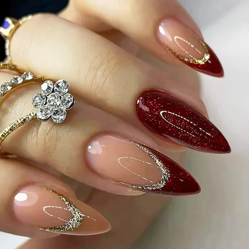Vista 9 de Uñas postizas a presión con punta francesa, uñas postizas de almendra, cobertura completa, uñas artificiales brillantes, uñas acrílicas medianas
