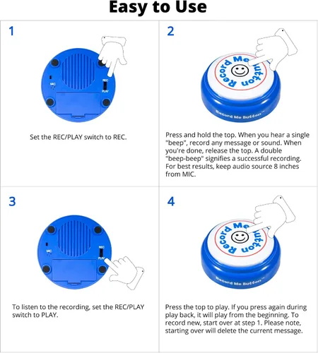 Vista 5 de Botón Record Me: diseño único y alegre grabable con micrófono integrado, reproduce tu propio mensaje personalizado en cualquier momento (azul)