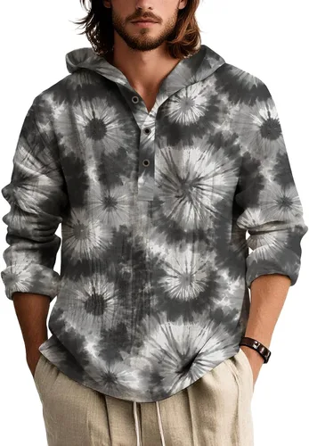 Vista 21 de Camisas de manga larga con estampado de teñido anudado para hombre, sudadera con capucha de 3 botones, sudadera retro cómoda con capucha