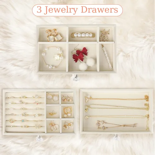 Vista 3 de Jenseits Acrylic Jewelry Holder, Clear Earring Organizer with 3 Drawers, Velvet Hanging Jewelry Stand Storage for Necklace Earrings Ring Bracelet