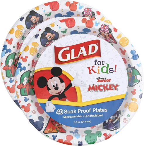 Vista 6 de Glad para Niños Platos de Papel Desechables de Disney Mickey y sus Amigos - Resistentes, A Prueba de Remojo, Aptos para Microondas, Platos