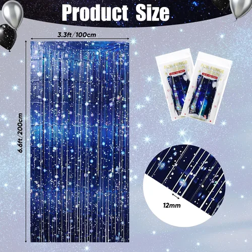 Vista 3 de Tingjoo Paquete de 2 cortinas de papel de aluminio de galaxia para decoraciones de fiestas temáticas espaciales, cortinas de oropel iridiscente azul