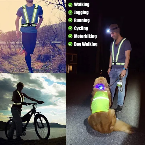 Vista 7 de Chaleco reflectante para correr, 3 piezas, correas elásticas ajustables, ligero, 360°, alta visibilidad para caminar al aire libre, trotar