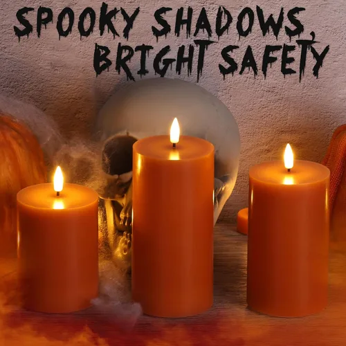 Vista 5 de Juego de 3 velas de pilar sin llama con control remoto, color naranja quemado para Halloween Velas LED parpadeantes de cera, decoraciones