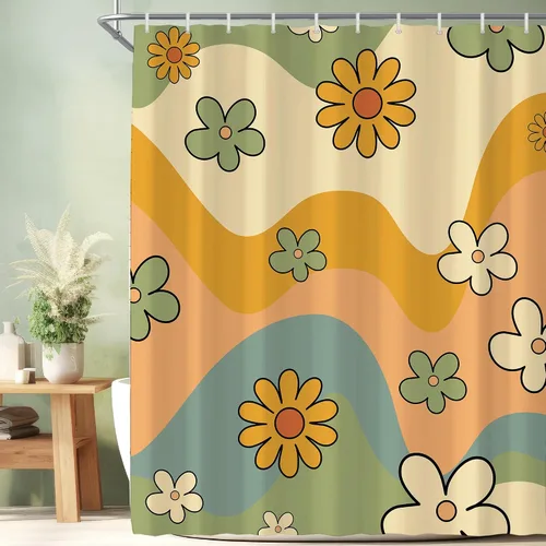 Vista 8 de Cortina de ducha pequeña para casa rodante, tamaño medio, estilo retro de los 70, con flores bonitas, estética abstracta de margaritas, decorativa