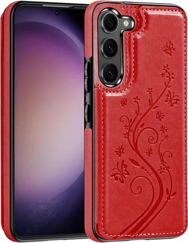 Vista 12 de Korecase - Funda tipo cartera para Samsung Galaxy S23 con tarjetero y tarjetero de piel sintética, diseño de mariposas y flores, color azul