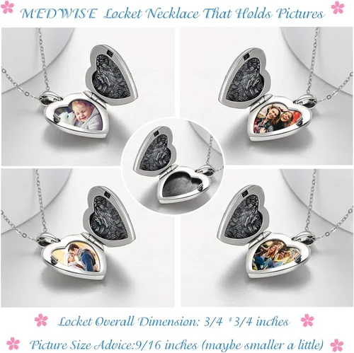 Vista 4 de MEDWISE Collar con medallón de plata de ley 925 que sostiene fotos collar de fotos oxidado colgante de corazón medallones para mujeres regalos