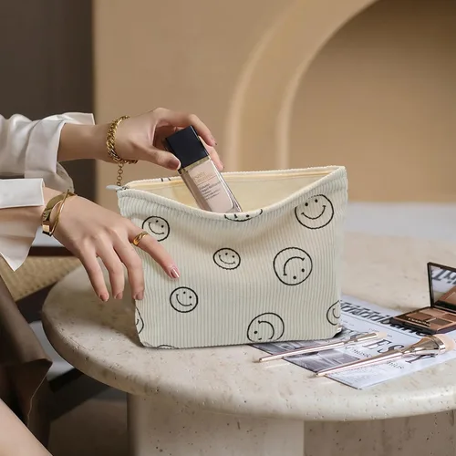 Vista 6 de Bolsa de maquillaje de pana, bolsa cosmestic de gran capacidad para mujeres y mujeres, organizador de maquillaje estético, accesorios con cremallera