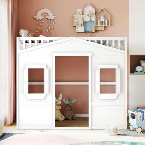 Vista 3 de Cama tipo loft de techo de casa de tamaño matrimonial con escalera, marco de cama de madera que ahorra espacio con barandilla y ventana