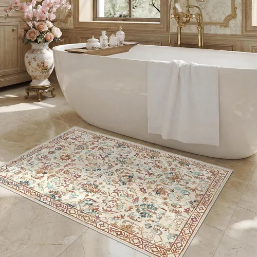 Vista 4 de Alfombra de área pequeña de 2 x 3 pulgadas, color beige, para entrada, baño, cocina, antideslizante, de pelo bajo, lavable, moderna alfombra bohemia