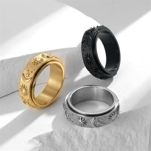 Vista 4 de Nanafast Anillo giratorio de acero inoxidable para aliviar la ansiedad y el estrés, anillo de compromiso de Horus, sol, luna, estrellas