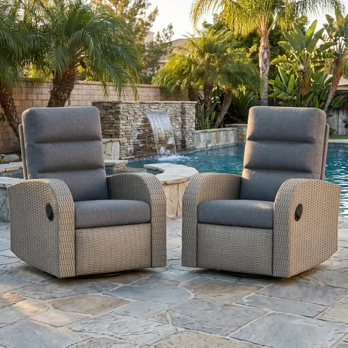 Vista 29 de LayinSun Sillón reclinable giratorio de mimbre de gran tamaño con respaldo ajustable y reposapiés, sillón reclinable para patio Gris