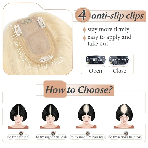 Vista 5 de Toppers de cabello humano con clip de 6 pulgadas, cabello lacio para pérdida de cabello, cubierta de cabello fino, cabello gris, rubio ceniza #613