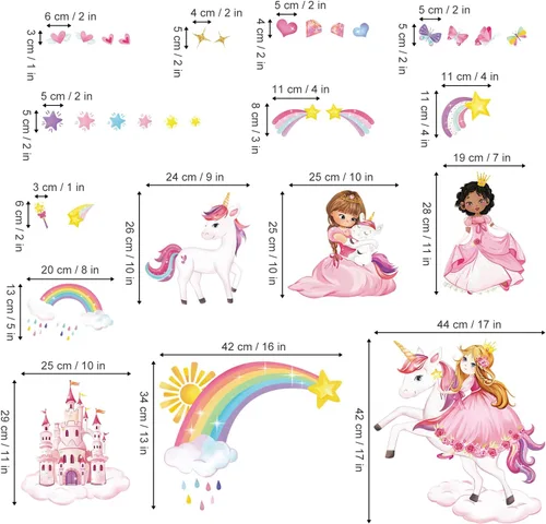 Vista 4 de wondever Calcomanías de pared de unicornio de princesa, castillo, arco iris, calcomanías de arte de pared para dormitorio de niñas, habitación