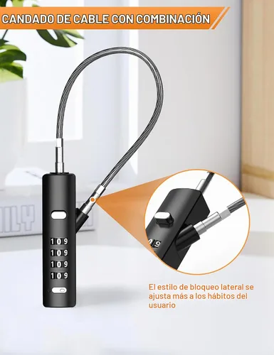 Vista 5 de Candado de Cable de Combinación de 4 Dígitos con 3 Cables de Acero (9"/24"/47") - Reinicio Seguro Solo con Código Actual - para Bicicleta, Equipaje