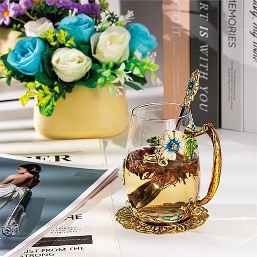 Vista 7 de Taza de té con flores, taza de café de vidrio con mariposa y margarita, con cuchara, caja de regalo para su mamá, esposa, abuela, niñas, amigas