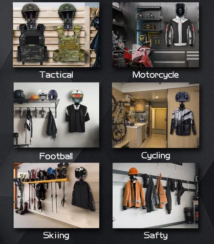 Vista 2 de Estante de exhibición táctico ferroso con soporte para casco, organizador multiusos de montaje en pared para motocicleta, ciclismo y equipo deportivo