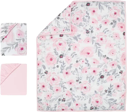 Vista 3 de Bedtime Originals Juego de ropa de cama de 3 piezas con diseño floral de acuarela rosa Blossom