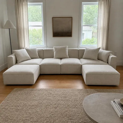 Vista 5 de Acanva Juego de Sofá Seccional Modular de Lujo para Sala de Estar, Sofá de Estilo Moderno Minimalista con Otomana y Chaise, Forma de U, Crema