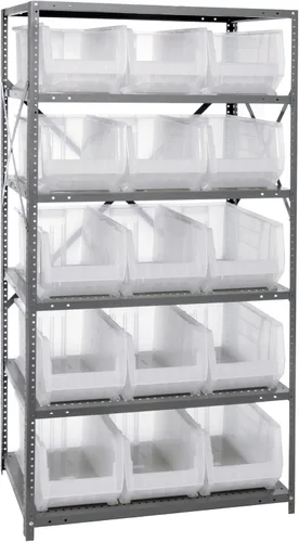 Vista 561 de Quantum QSBU-245BK Heavy Duty Shelving Unit with (7) Shelves and (24) QUS245 Black Bins for Garage Warehouse Storage Distribution 400 lb Load
