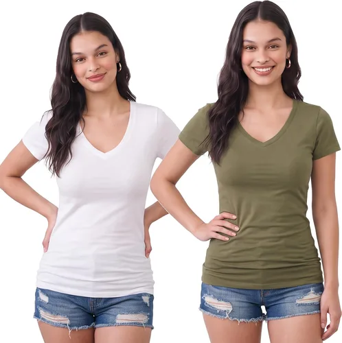 Vista 32 de Emmalise Camiseta de manga corta para mujer, cuello en V, tallas junior y plus