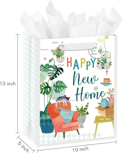 Vista 2 de Loveinside Bolsa de regalo para inauguración de la casa, diseño de hogar feliz con gato y plantas, bolsa de regalo de tamaño mediano con papel