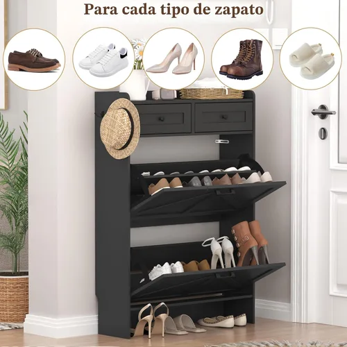 Vista 8 de Thacuok Gabinete de zapatos negro con 2 cajones abatibles y 2 cajones de almacenamiento, armario organizador de zapatos estrecho rústico de granja