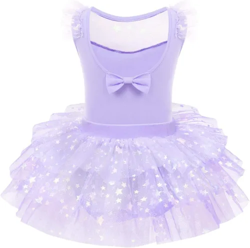 Vista 2 de IDOPIP Leotardo con falda tutú de estrellas con purpurina para niñas, manga con volantes, vestido de ballet para bailarina, traje de gimnasia