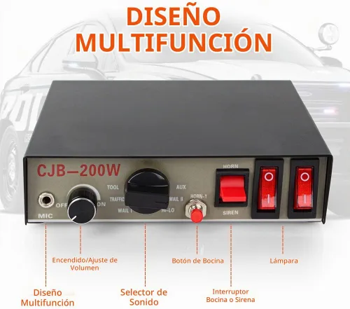 Vista 4 de Altavoz de sirena de coche Safego Police Siren Speaker Car Pa System, Dc12v 200w 9 tonos, micrófono de mano con cable Altavoz de emergencia Sirena