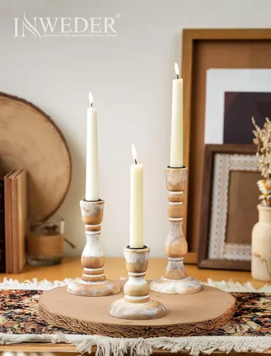 Vista 5 de Portavelas de Madera Rústicos: Portavelas Cónicos de Madera de Granja Portavelas Bohemios Decoración de Otoño para Mesa de Comedor Repisa Fiesta
