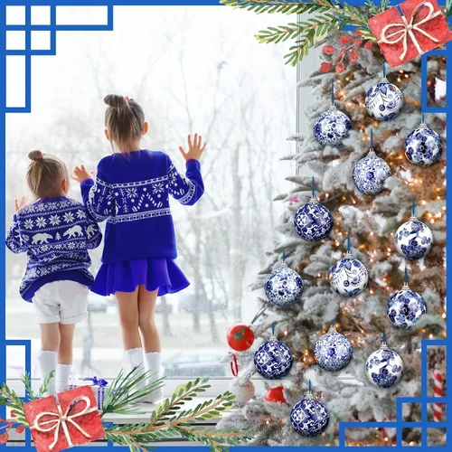 Vista 2 de Poen 12 piezas Adornos de porcelana chinoiserie Adornos de decoración chinoiserie Adornos de bola de plástico azul y blanco con cinta para árbol