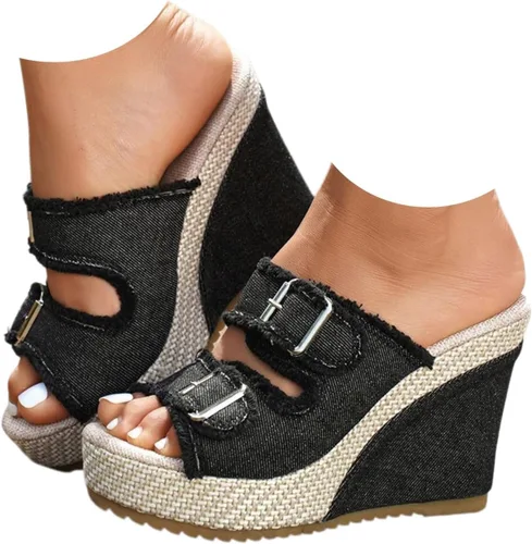 Vista 9 de Sandalias de cuña de mezclilla para mujer 2026 con puntera abierta, alpargatas con lazo, zapatos casuales de playa de verano para viajes, fiestas