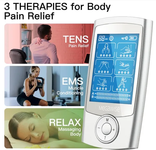 Vista 4 de MegaWise Unidad EMS TENS, 24 modos con 14 almohadillas de alta calidad, estimulador muscular de doble canal para terapia de alivio del dolor